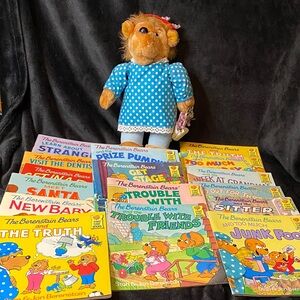 Vintage The Berenstain Bears Plush Toy with Blue Polka Dot Dress and 15 books